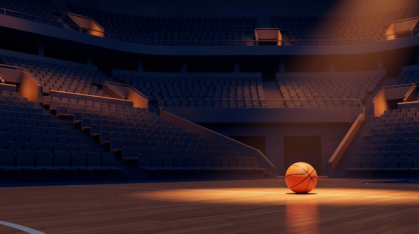 3D illustration of a basketball court with navy blue and orange lighting and a ball in the foreground