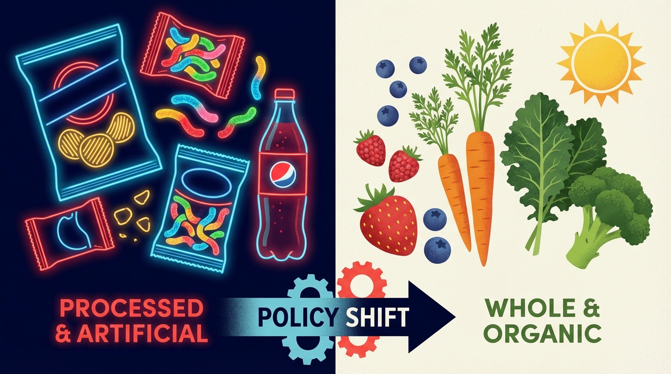 A split-screen illustration contrasting bright neon processed snacks with fresh organic whole foods like berries and greens