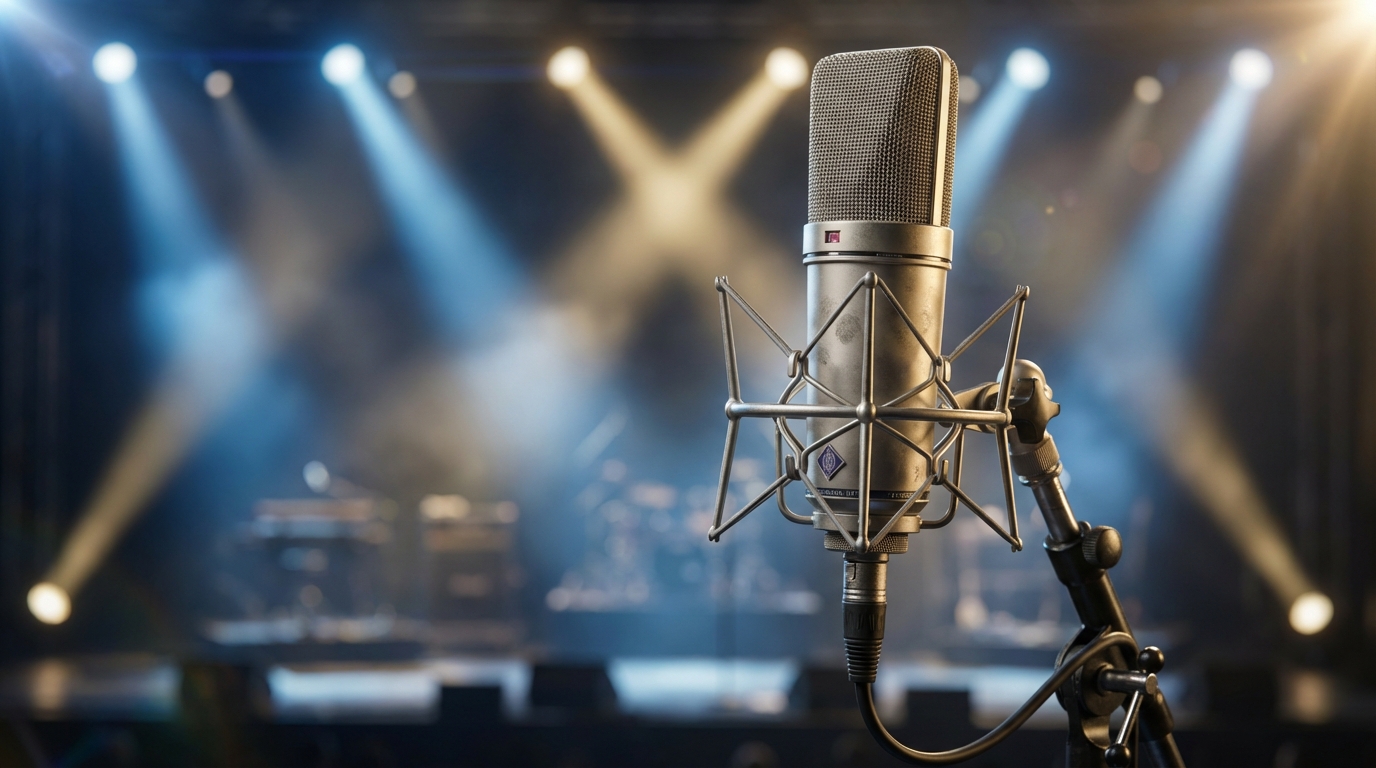 Professional broadcast microphone on a stand against a blurred stage background with blue and gold lighting