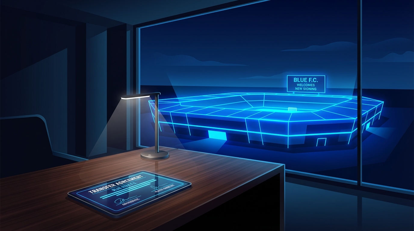A sleek football contract sitting on a desk with a blurred stadium background, representing Al Hilal transfer activity.