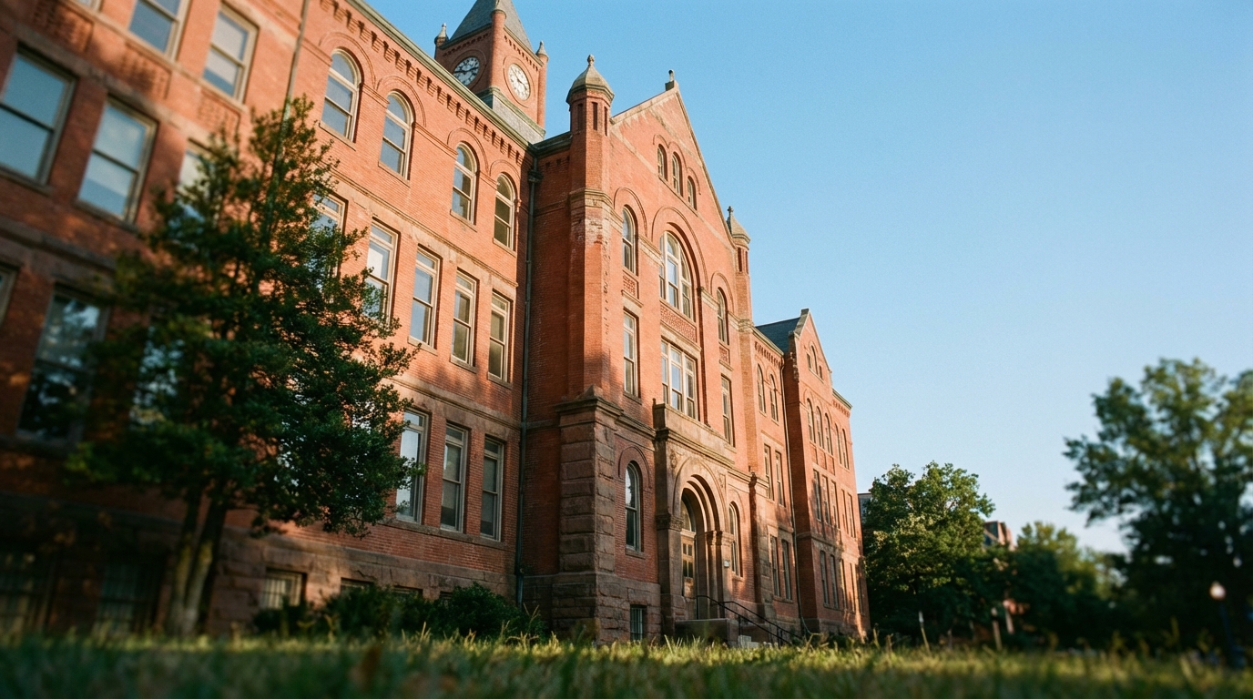 Low angle view of a classic red brick school building in Washington DC under a clear blue sky
