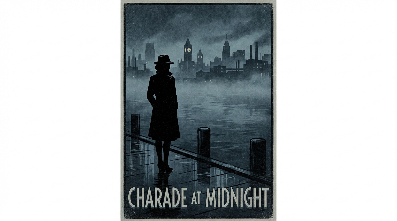 Silhouette of a woman in a trench coat standing near a dark lake with a foggy 1960s Baltimore skyline in the background