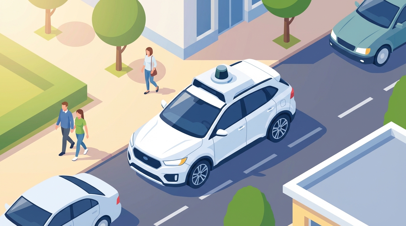 White autonomous SUV with roof-mounted LiDAR sensors driving on a sunny city street
