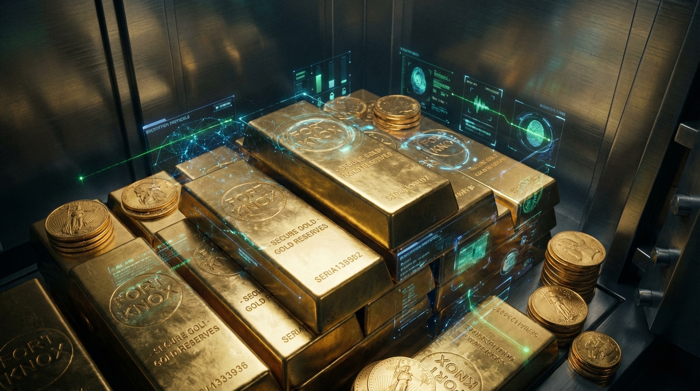 Stacked gold bullion bars and coins sitting inside a secure vault with dramatic lighting