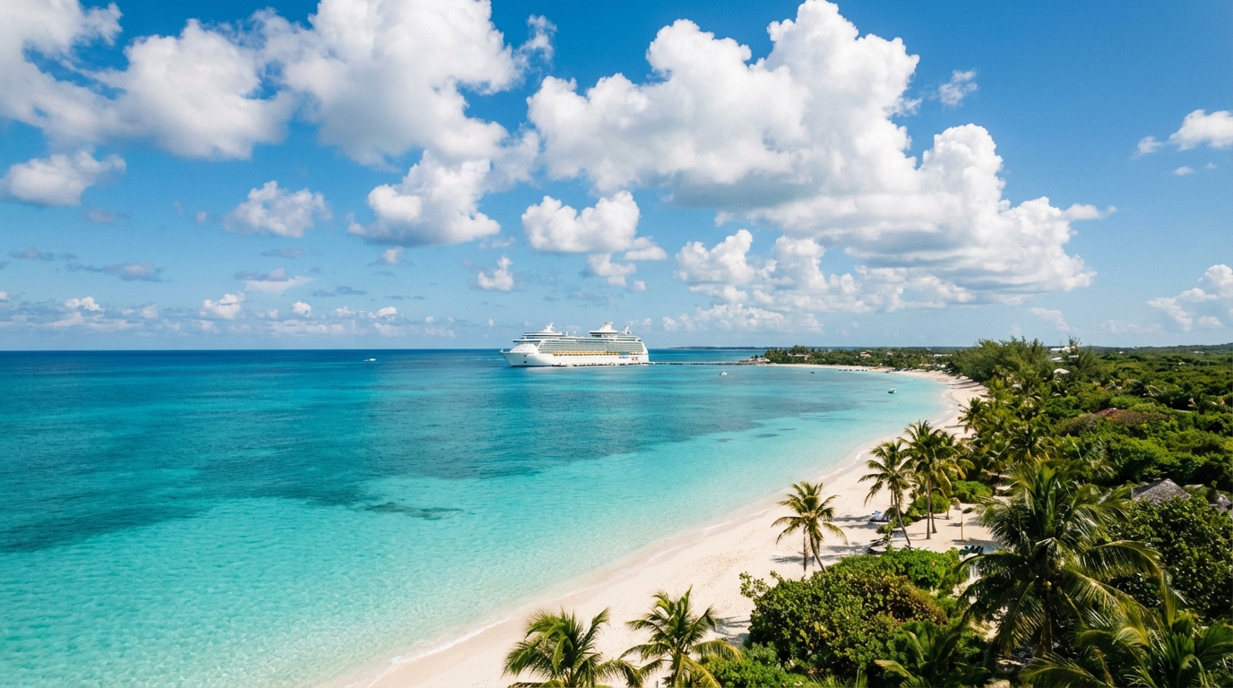 A large white cruise ship anchored near a pristine Bahamian island coast with turquoise water and lush vegetation