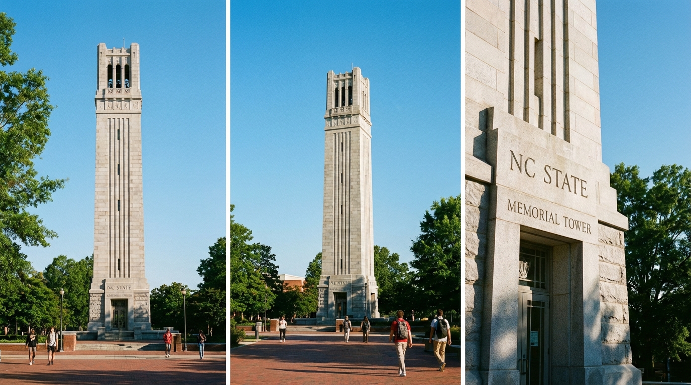 The NC State University Memorial Belltower standing tall against a clear blue sky on a sunny day
