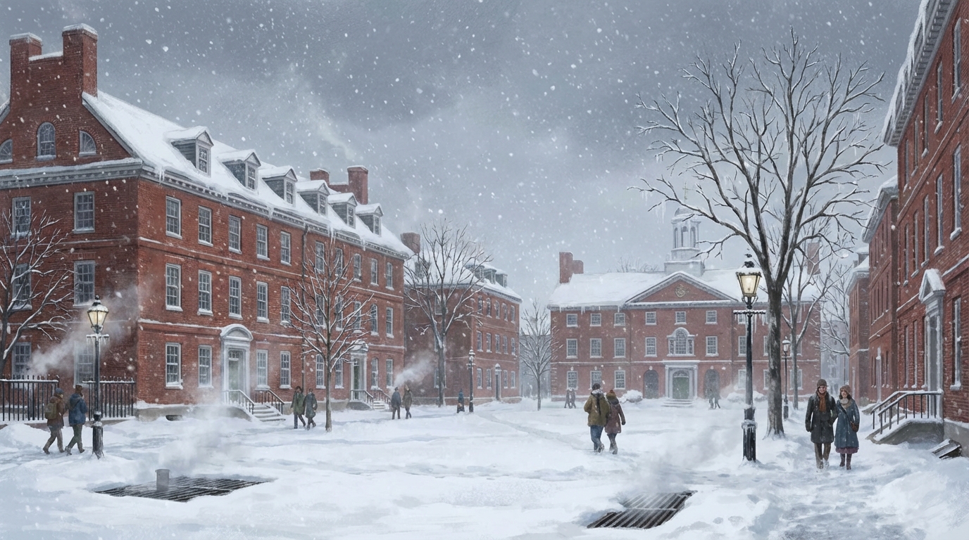 Red brick university buildings covered in snow during a winter storm with steam rising from vents.
