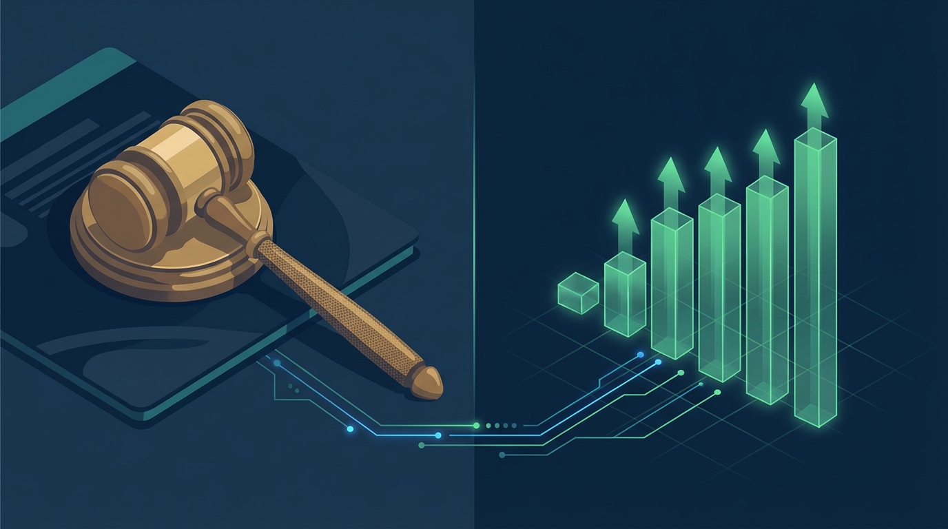 A wooden gavel and a digital financial chart connected by a circuit line on a deep blue background