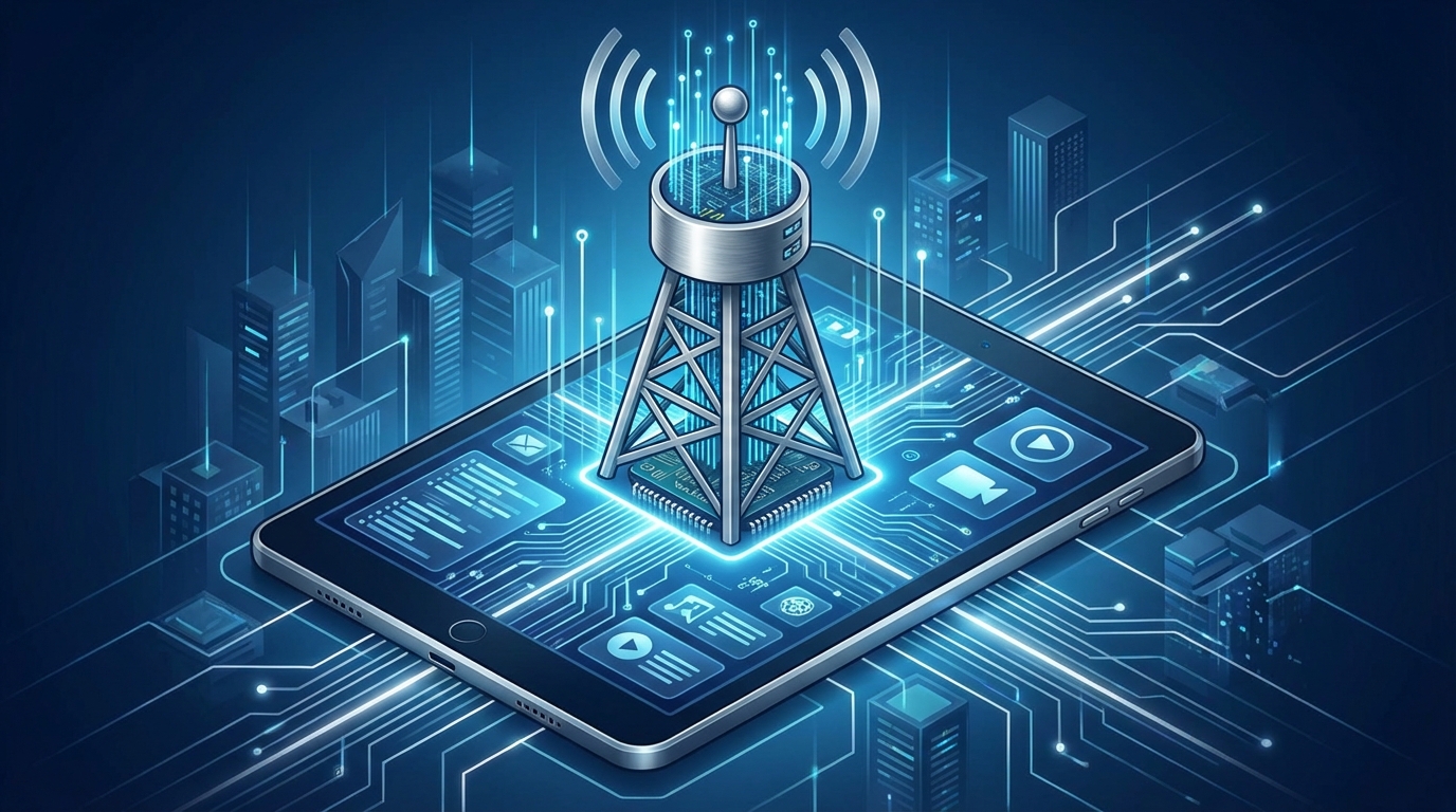 A tablet device merging with a classic television tower in a blue and grey isometric view