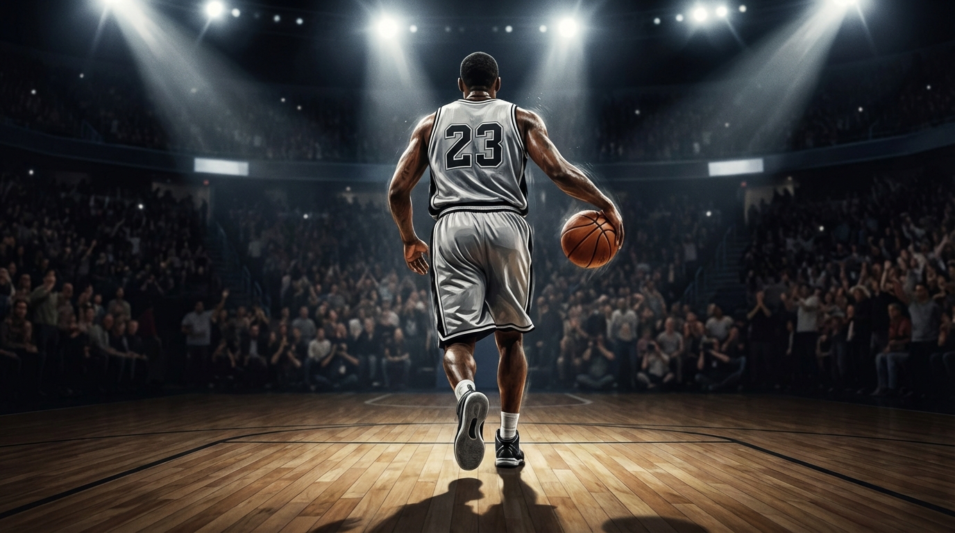 Illustration of a basketball player in a silver and black uniform dribbling down the court under dramatic arena spotlights