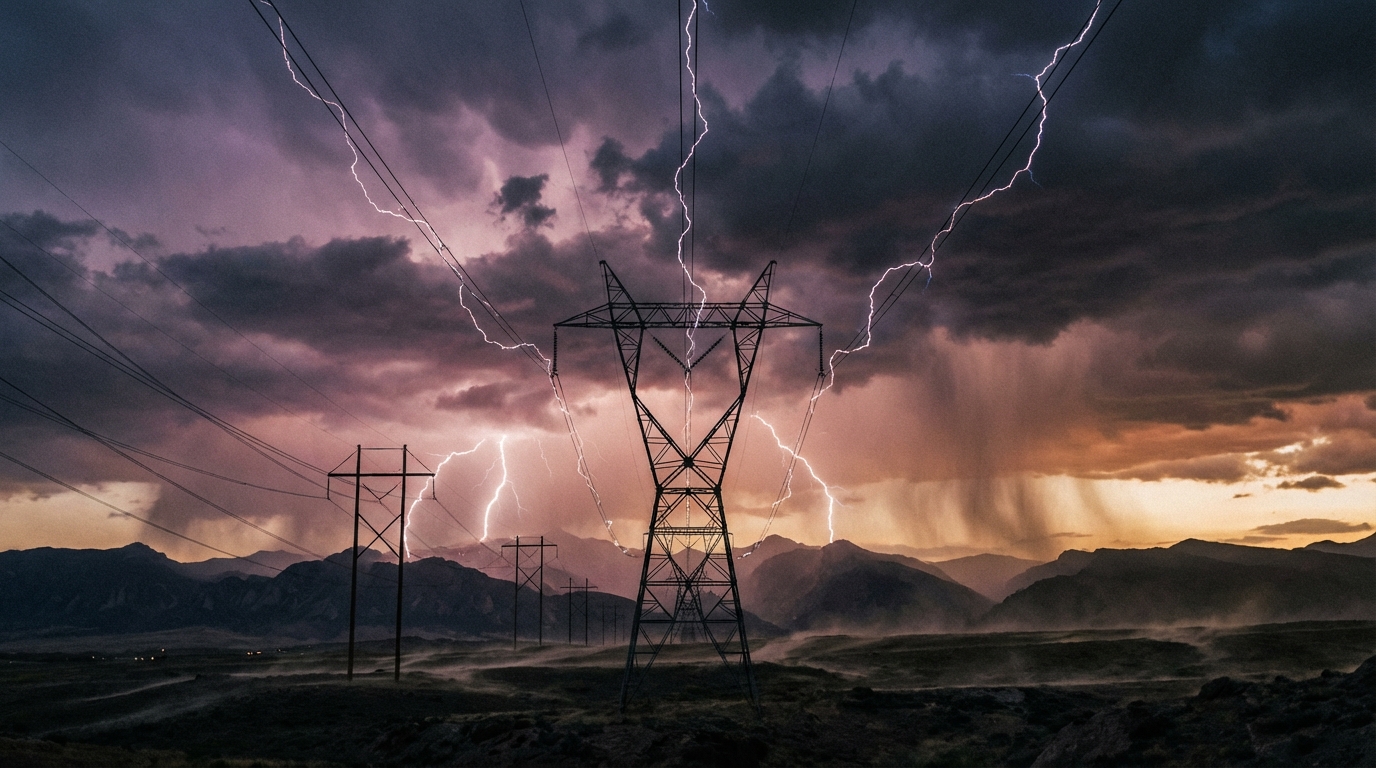 High-tension power lines silhouetted against a stormy twilight sky over the Colorado Front Range mountains