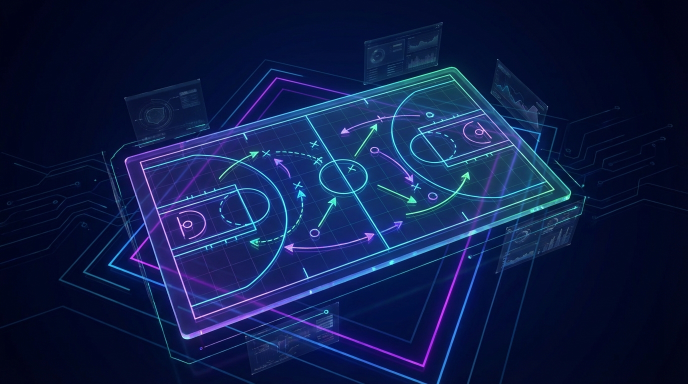 Glowing basketball tactical board displaying offensive strategy diagrams