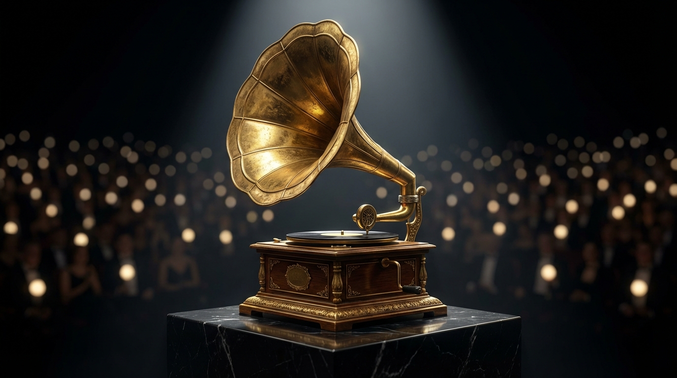 A vintage golden gramophone on a black pedestal under a spotlight