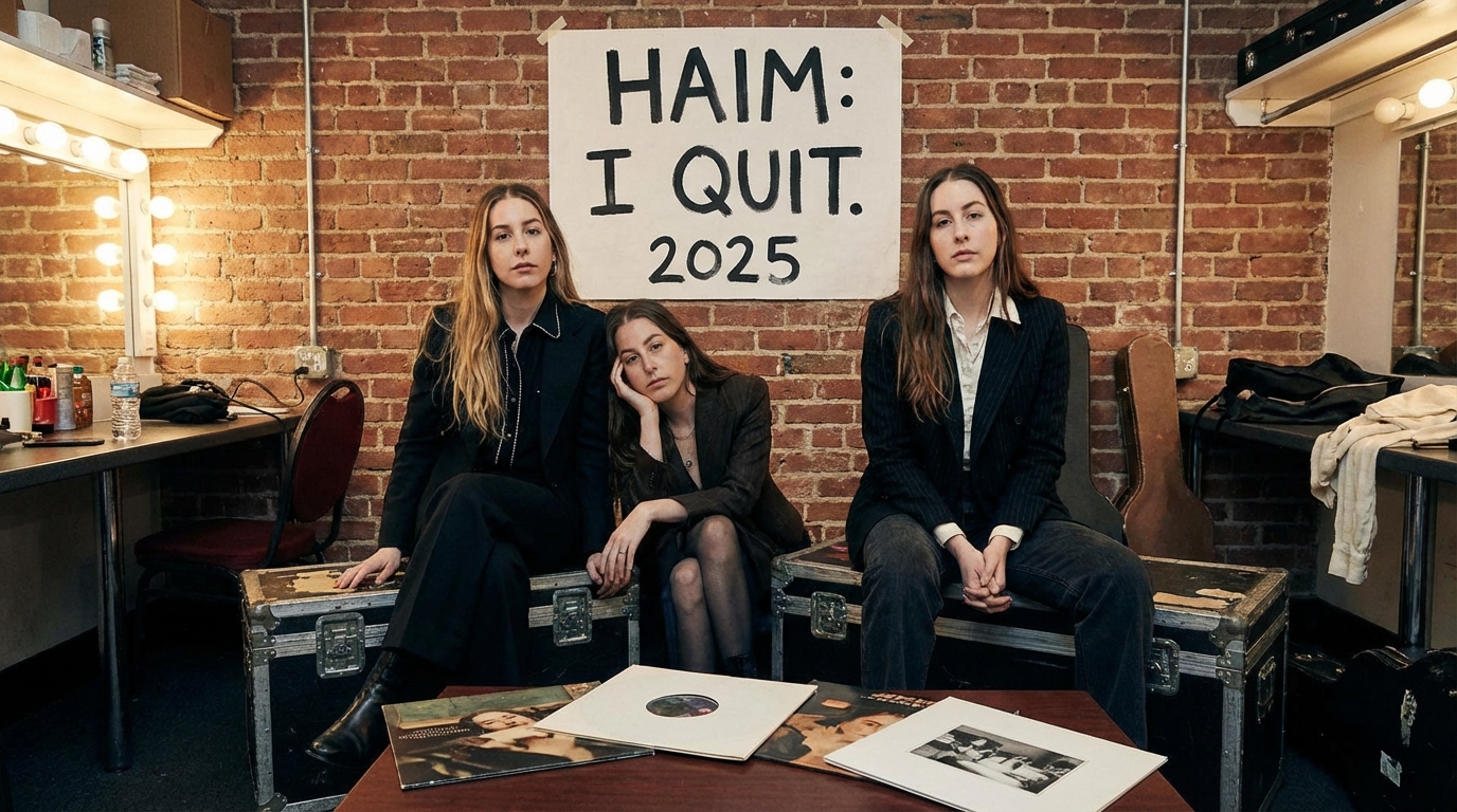 The band HAIM performing live on stage with projected text behind them