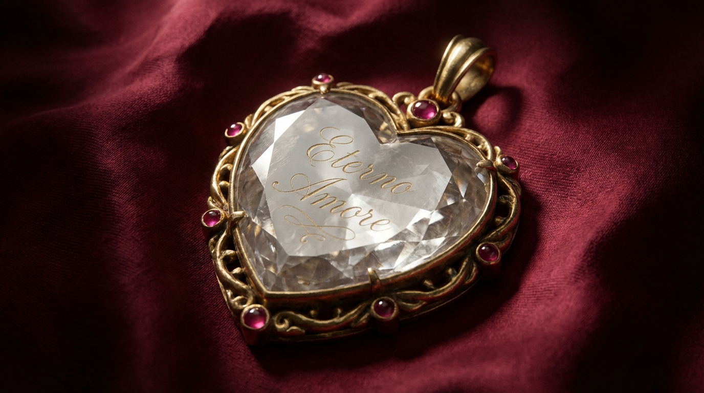 Close-up of a heart-shaped diamond pendant with gold inscriptions resting on dark fabric.
