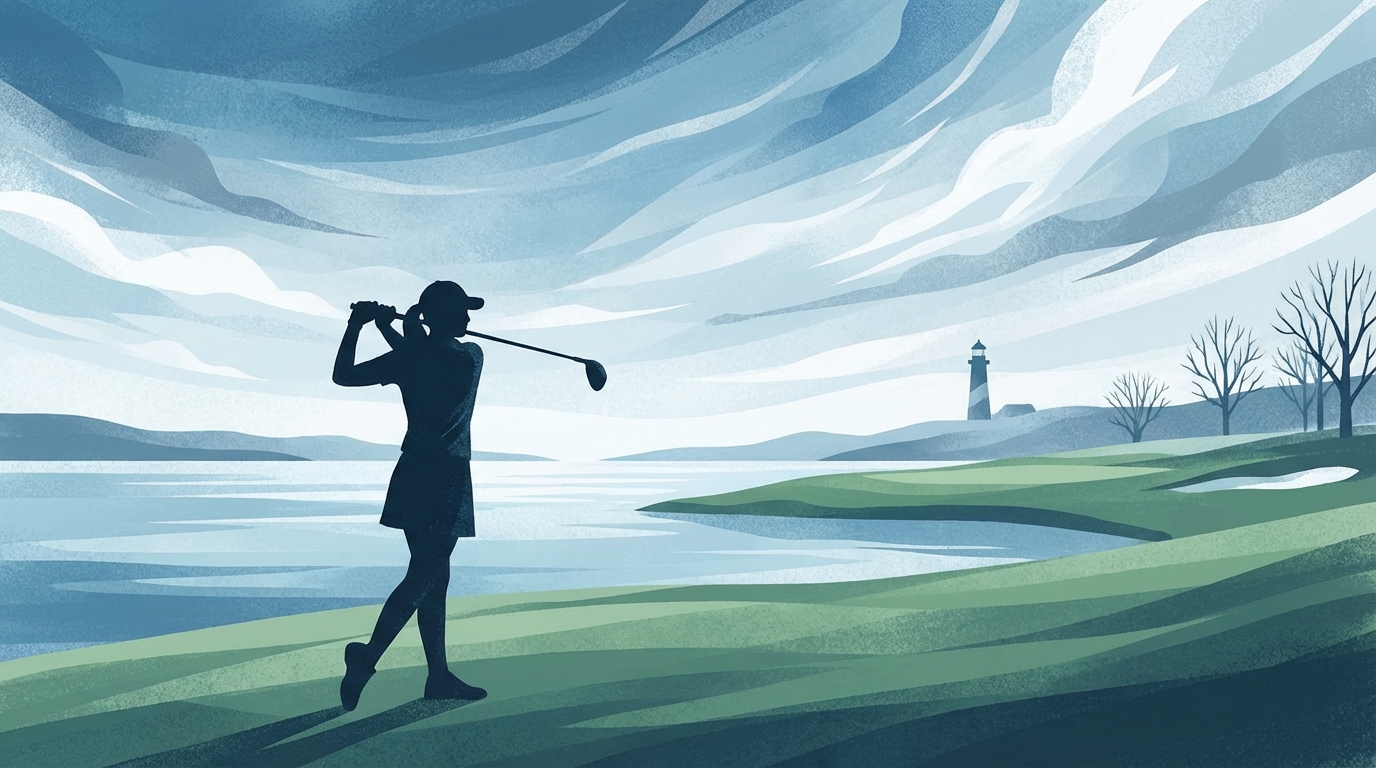 Silhouette of a female golfer swinging on a lakeside course under a cloudy sky