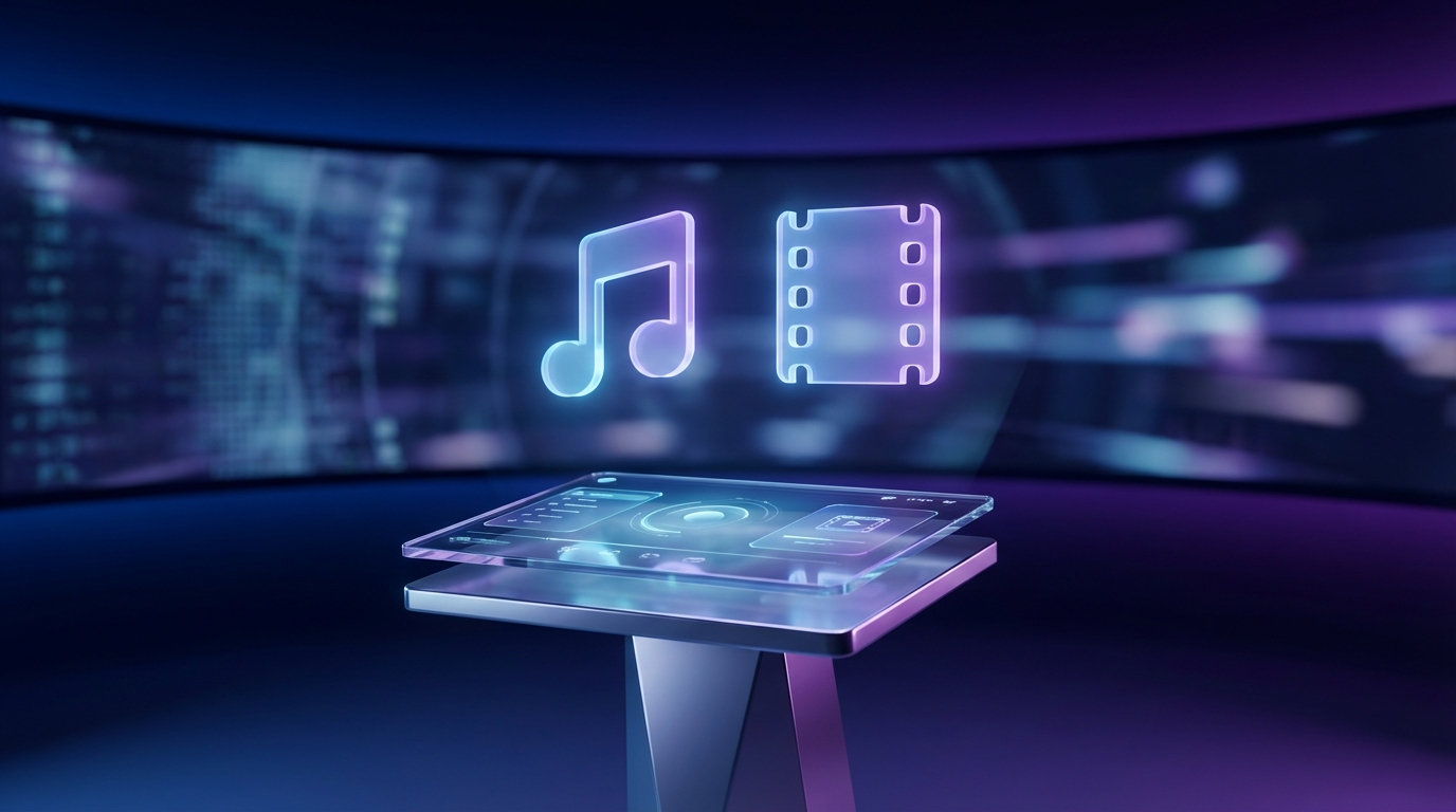 Digital tablet with glowing music and film icons on a dark blue background