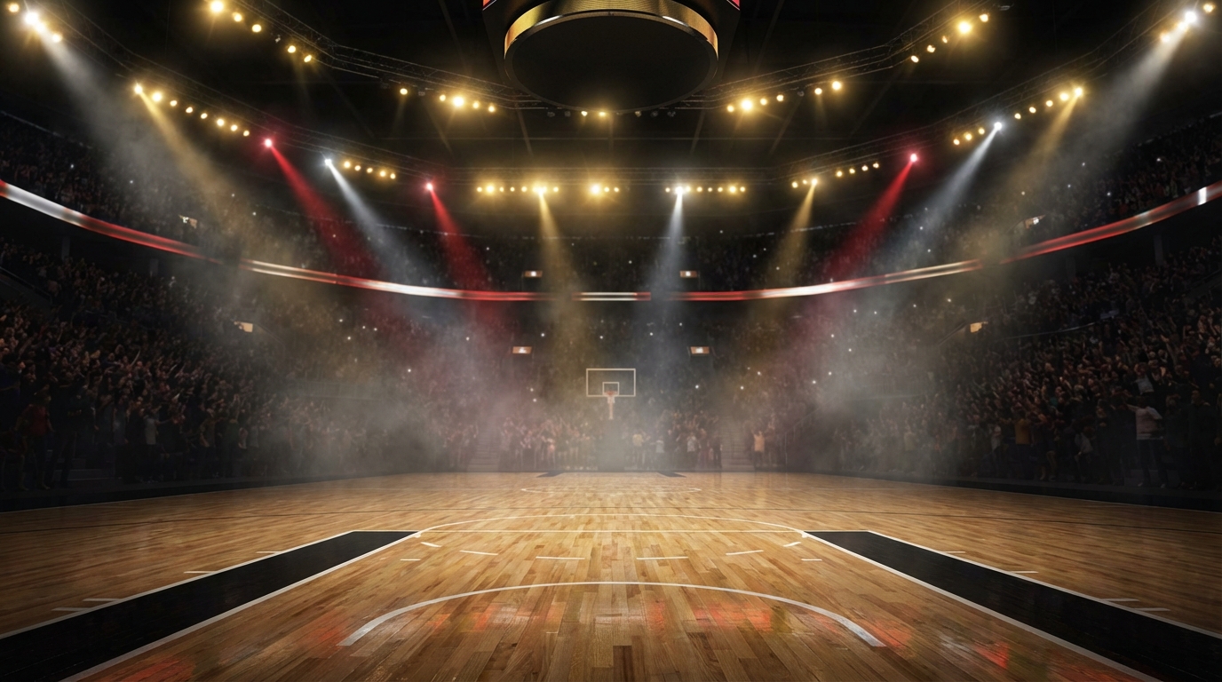 Basketball court interior with dramatic lighting highlighting the hardwood floor