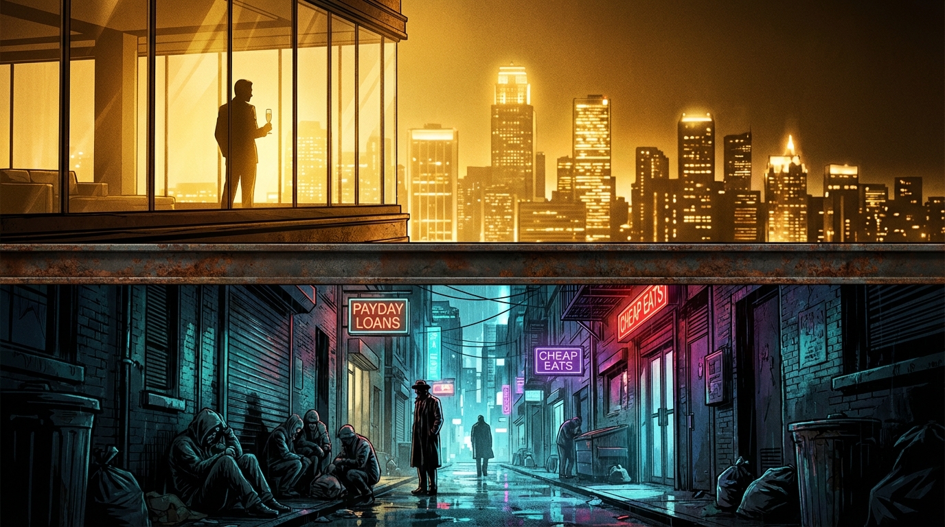 Cinematic split-screen illustration showing a figure in a luxury penthouse above and a gritty street alley below