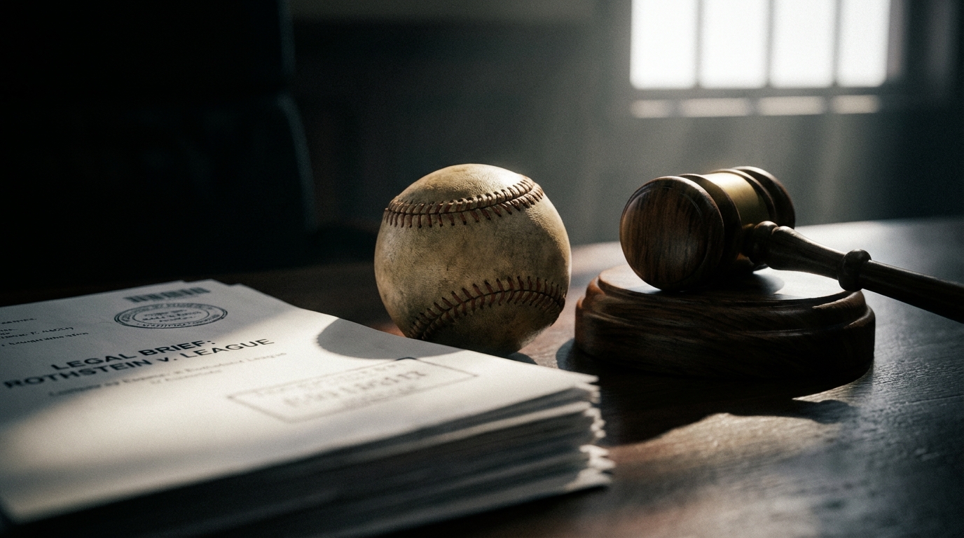 A baseball sitting on a wooden desk beside a judge's gavel and legal documents