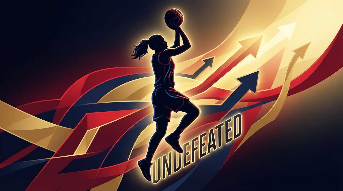 Silhouette of a female basketball player in a jump shot motion with navy blue and red accents against an abstract background.