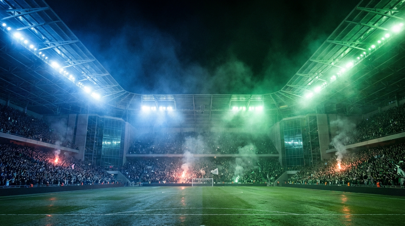 Wide view of a football stadium at night illuminated by split blue and green floodlights
