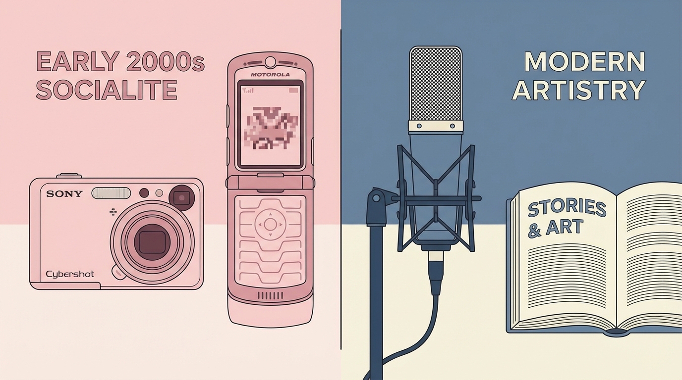 Split illustration showing a pink 2000s flip phone and camera on the left, contrasting with a studio microphone and open book on the right