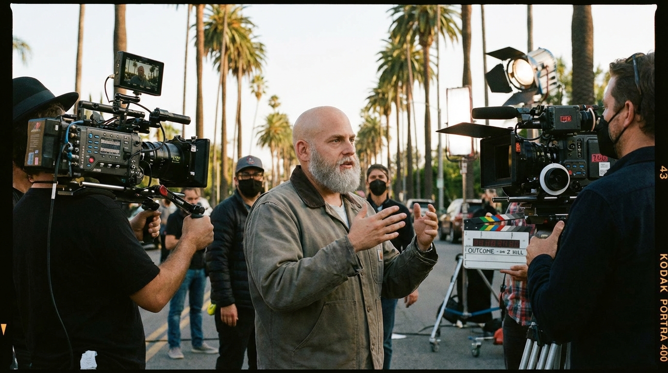 Jonah Hill with a bald head and silver beard on the set of the movie Outcome in Los Angeles