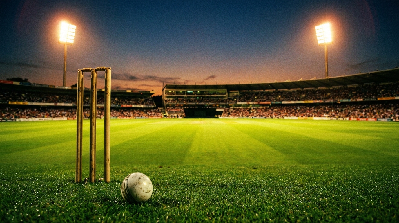 Cricket stumps and a white ball on a green pitch at a stadium under floodlights during twilight