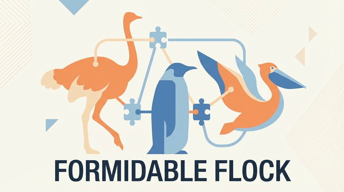 Stylized illustration of large birds like ostriches and penguins connected by puzzle lines representing the Formidable Flock theme.