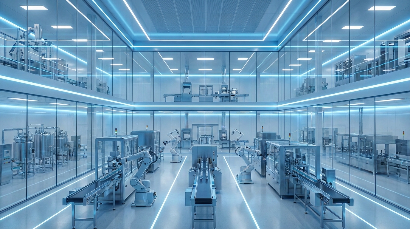 Modern high-tech pharmaceutical manufacturing facility with automated equipment and blue lighting