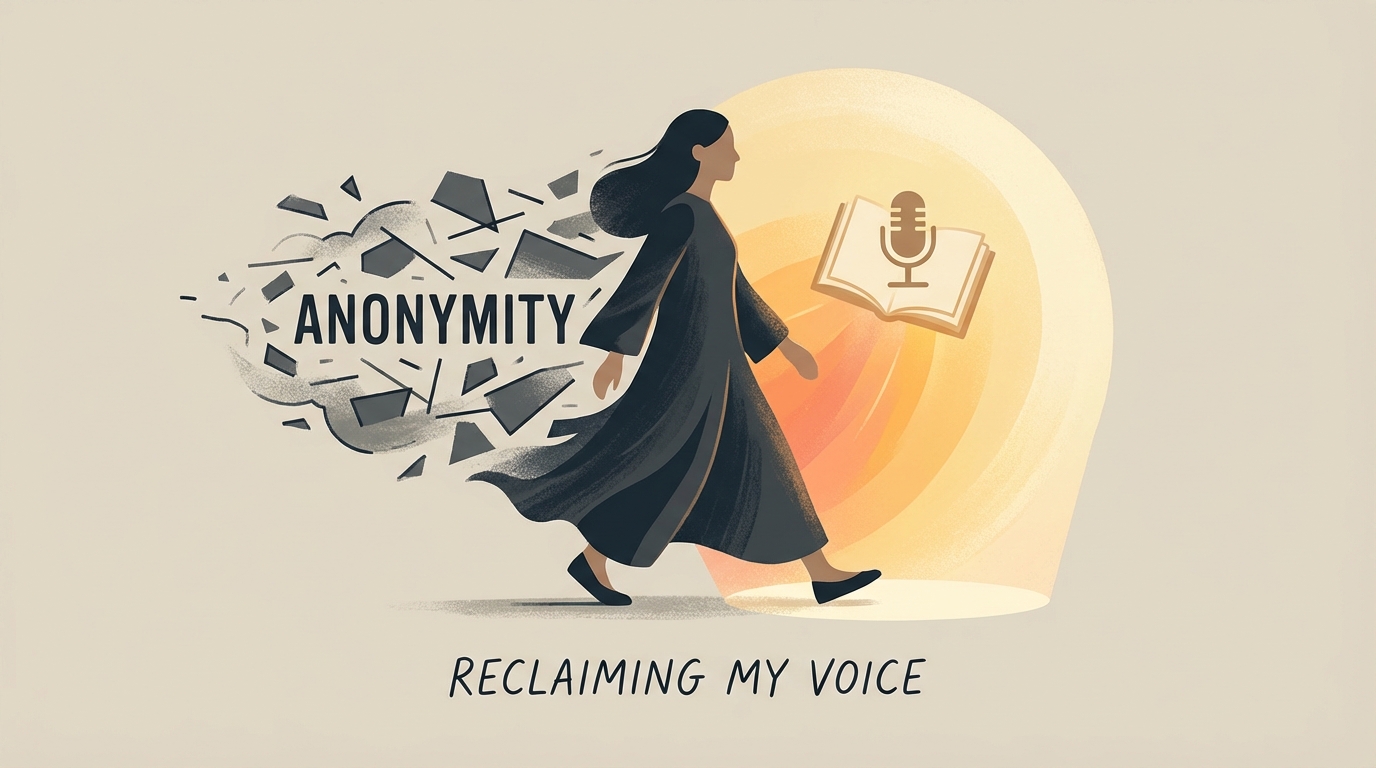 Conceptual illustration of a female silhouette stepping out of a dark, fragmented shadow into a warm, clear spotlight