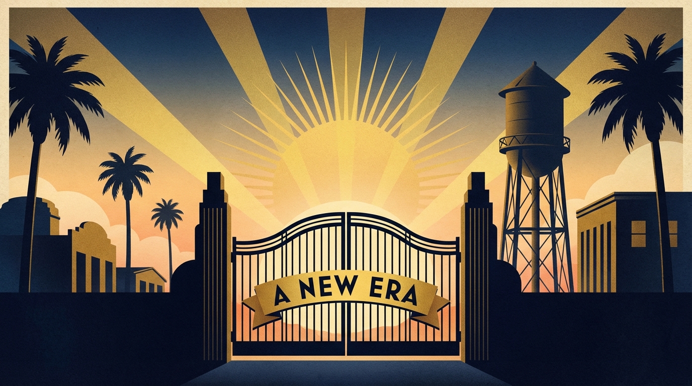 Silhouette of a classic movie studio water tower and gate against a sunrise