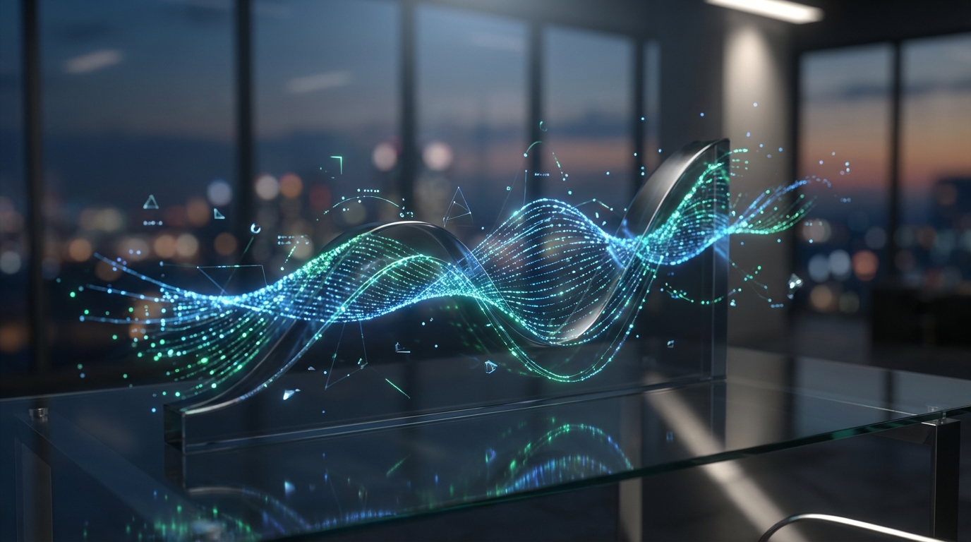 Abstract 3D financial visualization showing a volatility wave graph made of glowing blue and green digital particles