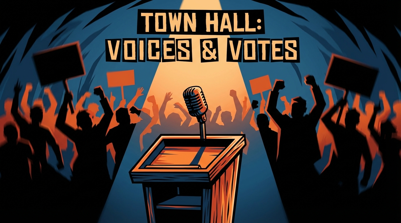 Illustration of a podium at a town hall meeting with a blurred, agitated crowd in the background