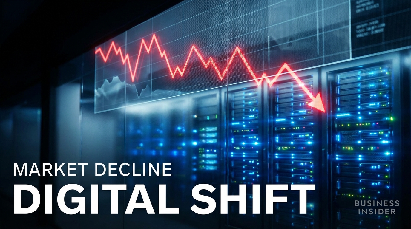 Red downward trending stock market graph overlaid on blurred blue server racks representing Nasdaq volatility