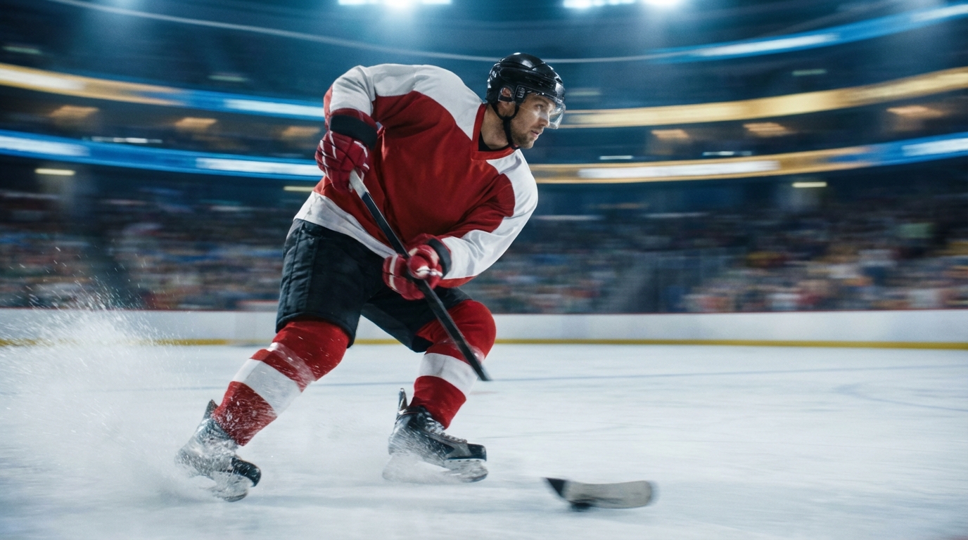 Hockey player in a red and white jersey skating aggressively on the ice under stadium lights