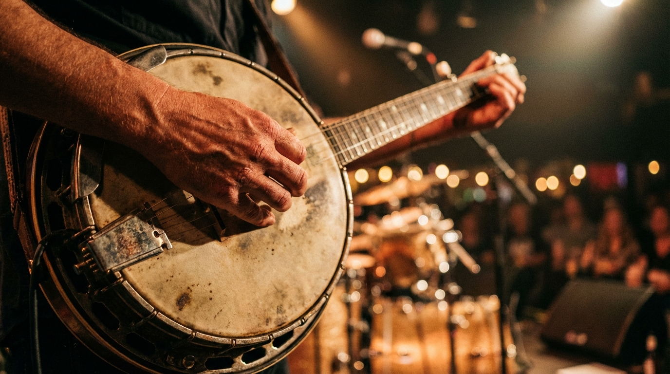 Close-up of a musician's hands playing a clawhammer banjo under warm stage lighting