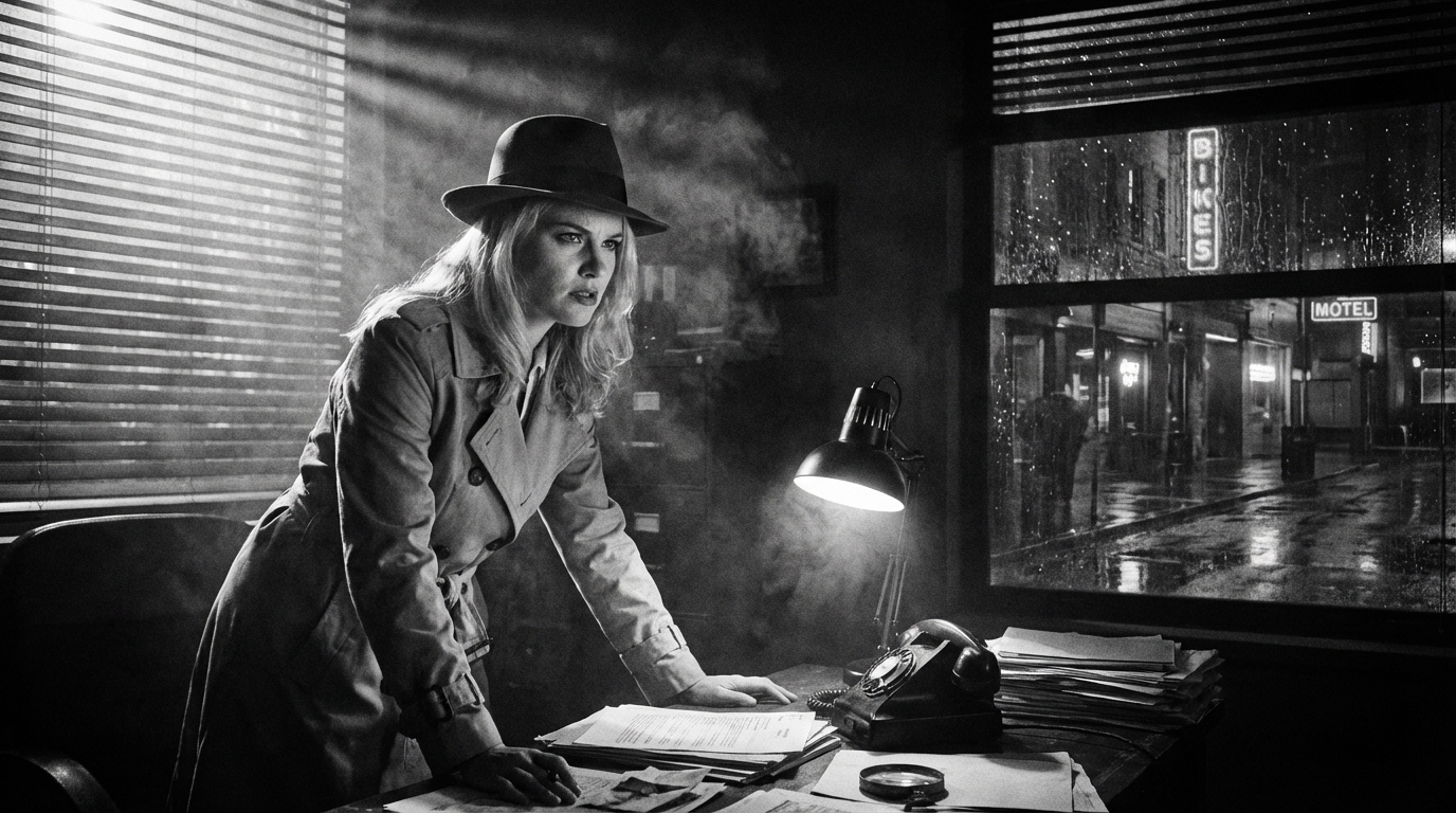 A dramatic, high-contrast portrait of a blonde woman resembling Charlize Theron with a serious expression in a shadowy urban environment
