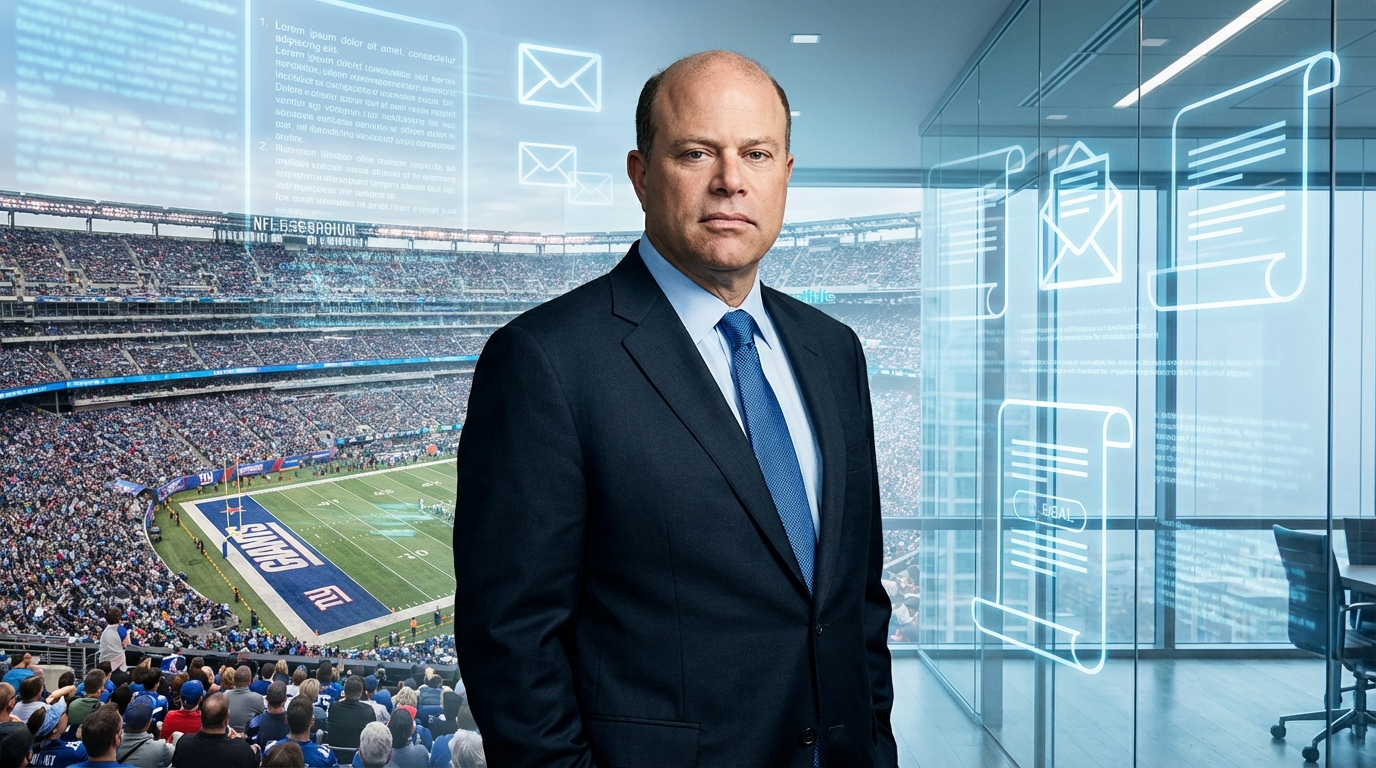 David Tepper in a suit shown against a backdrop of an NFL stadium and abstract business correspondence