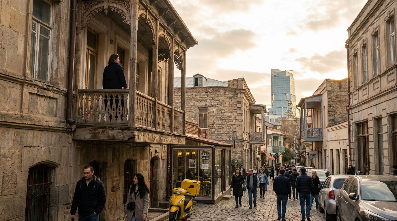 Traditional wooden balconies in Old Tbilisi, Georgia, contrasting with modern architecture in the background