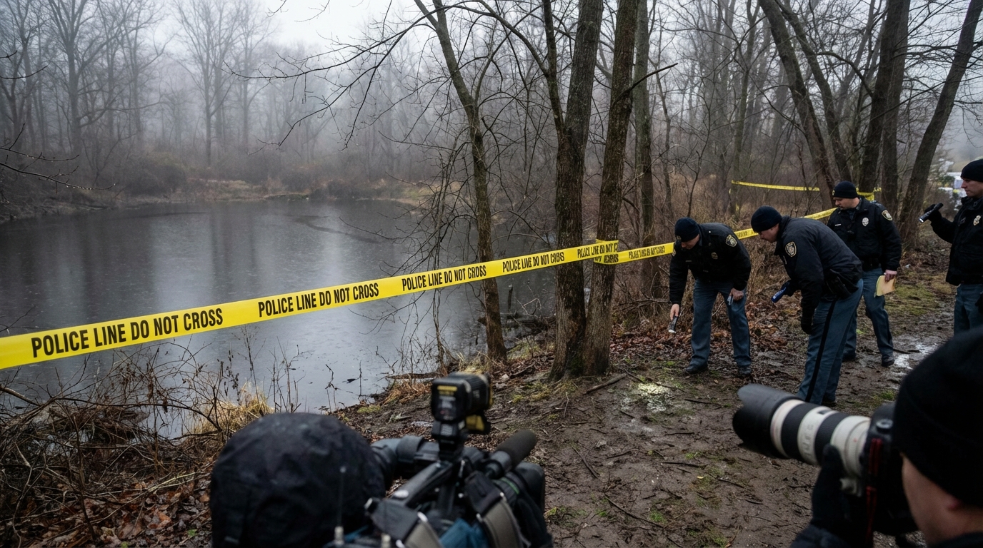 Police caution tape near a wooded retention pond area in Milton, Georgia during a search operation