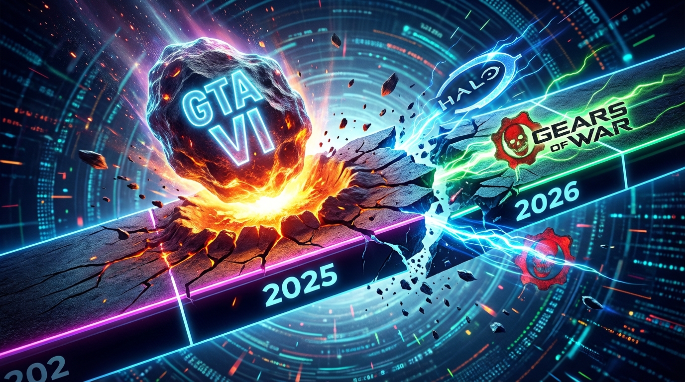 Conceptual illustration of a timeline where a GTA VI impact pushes Xbox game logos into 2026