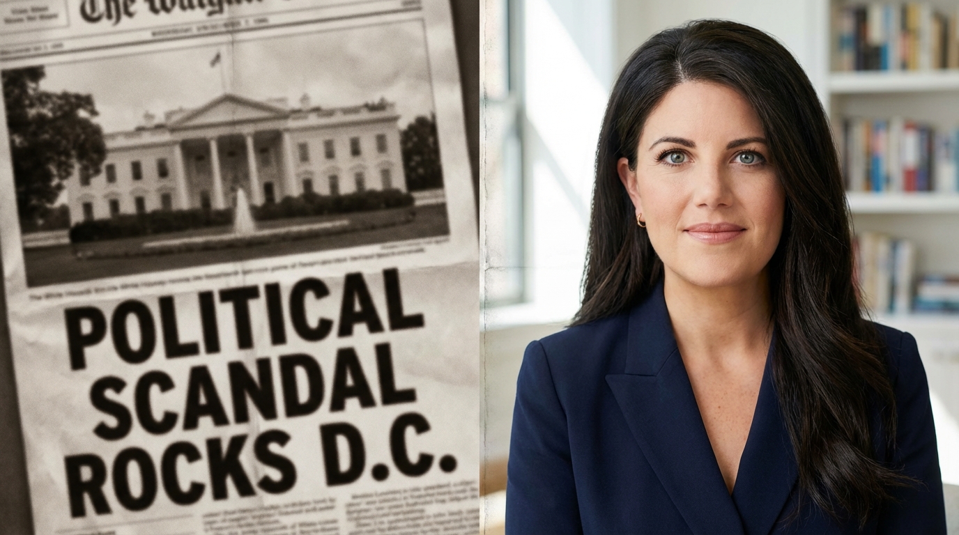 Split image showing a vintage newspaper headline alongside a modern portrait of Monica Lewinsky