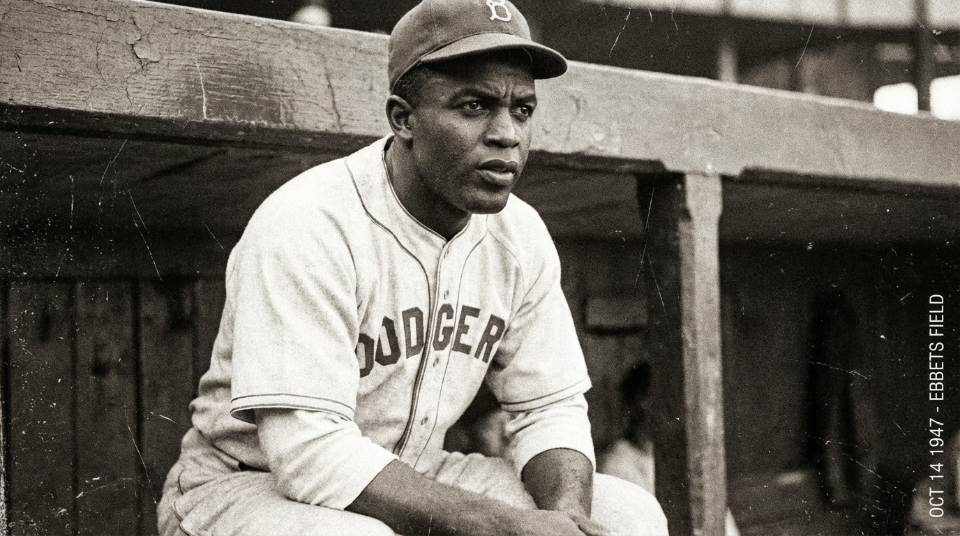 Black and white photograph of Jackie Robinson in a Brooklyn Dodgers uniform standing in a dugout looking out at the field