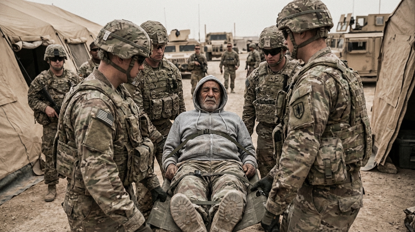 US military personnel transporting a detained suspect on a medical stretcher