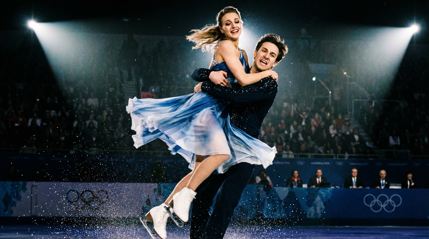 Ice dancers Madison Chock and Evan Bates performing a dramatic pose on the Olympic ice rink