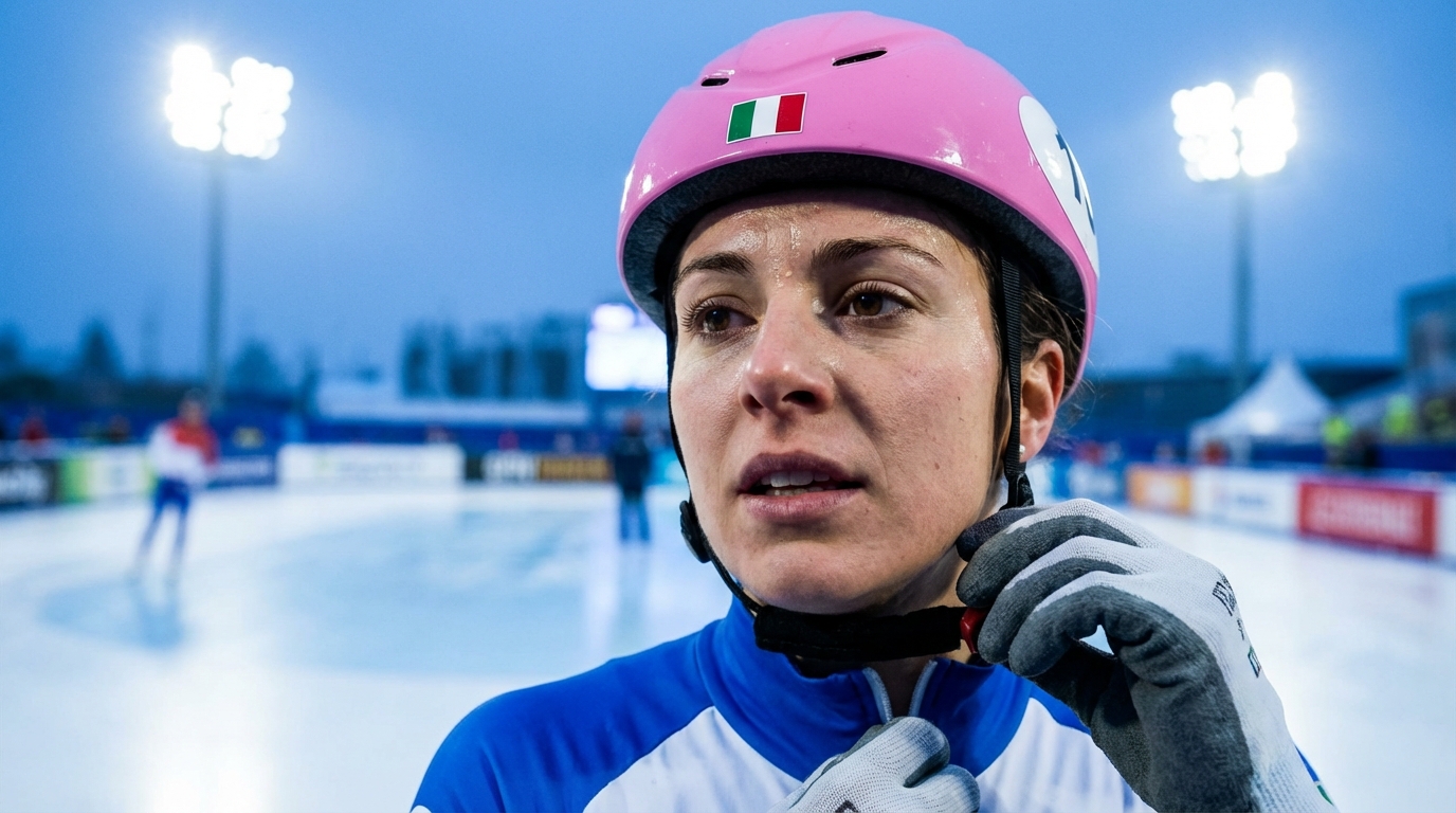 Close-up of Francesca Lollobrigida in a pink helmet with Italian flag decal adjusting her strap near an ice rink