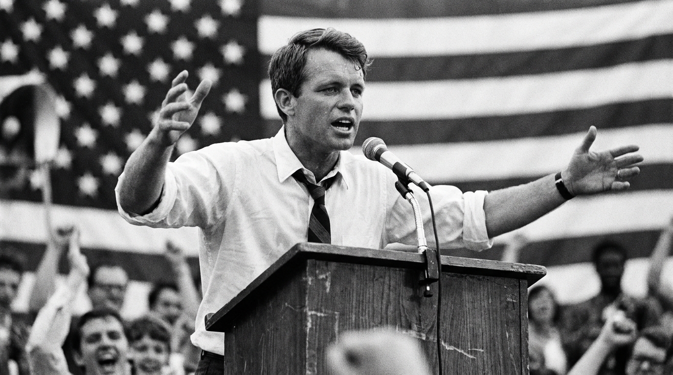 Jack Schlossberg speaking at a podium with a blurred American flag in the background