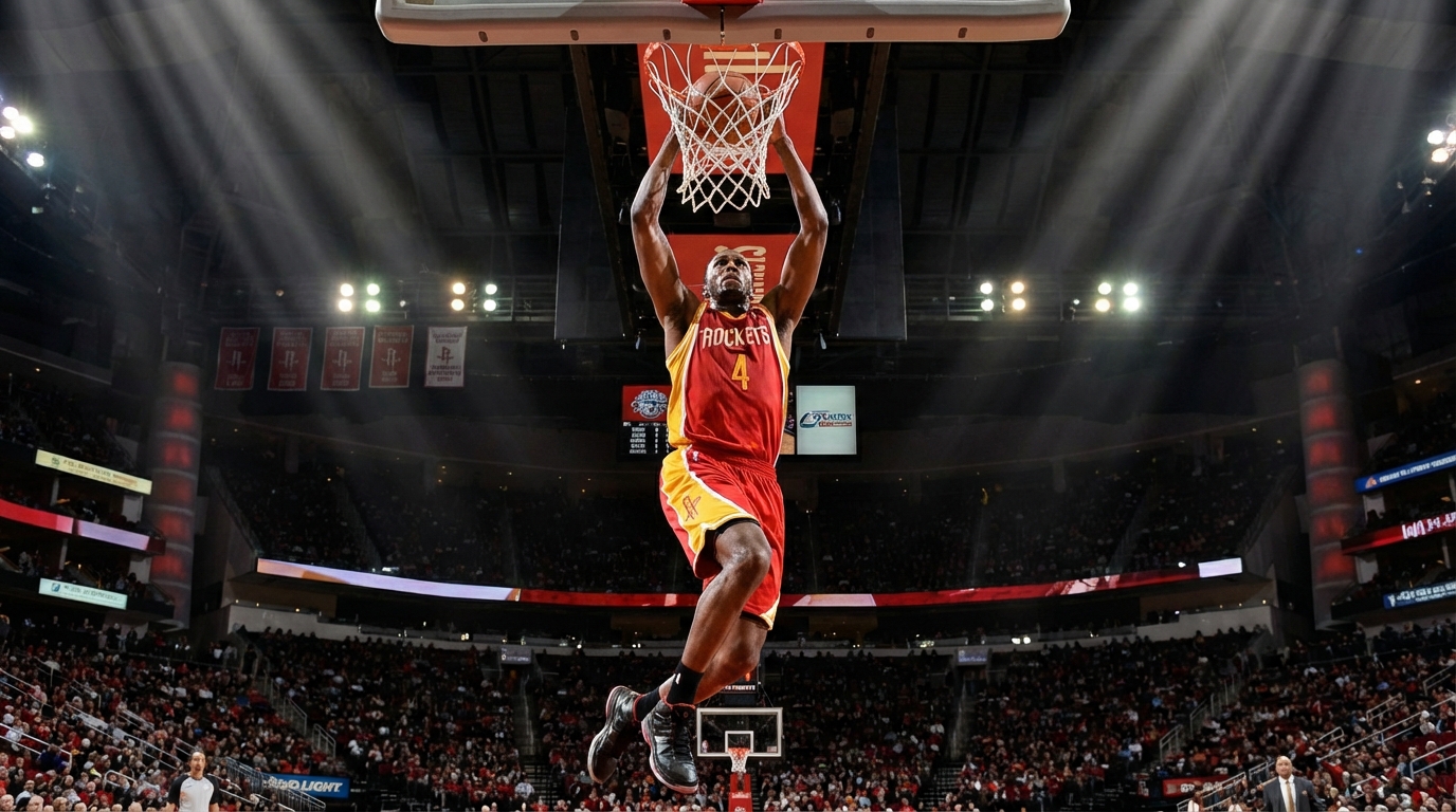 Basketball player performing a high vertical dunk in an arena setting
